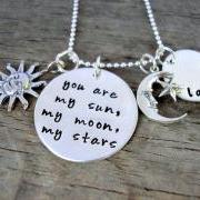 Sun, Moon and Stars Personalized Necklace - Sterling Silver Mother's Necklace